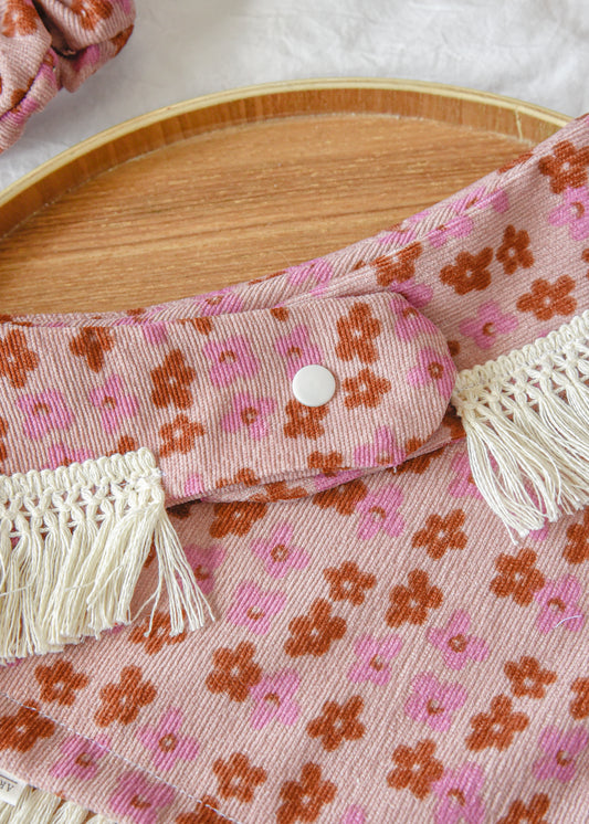 Pink Floral Corduroy Pet Tassel Bandana