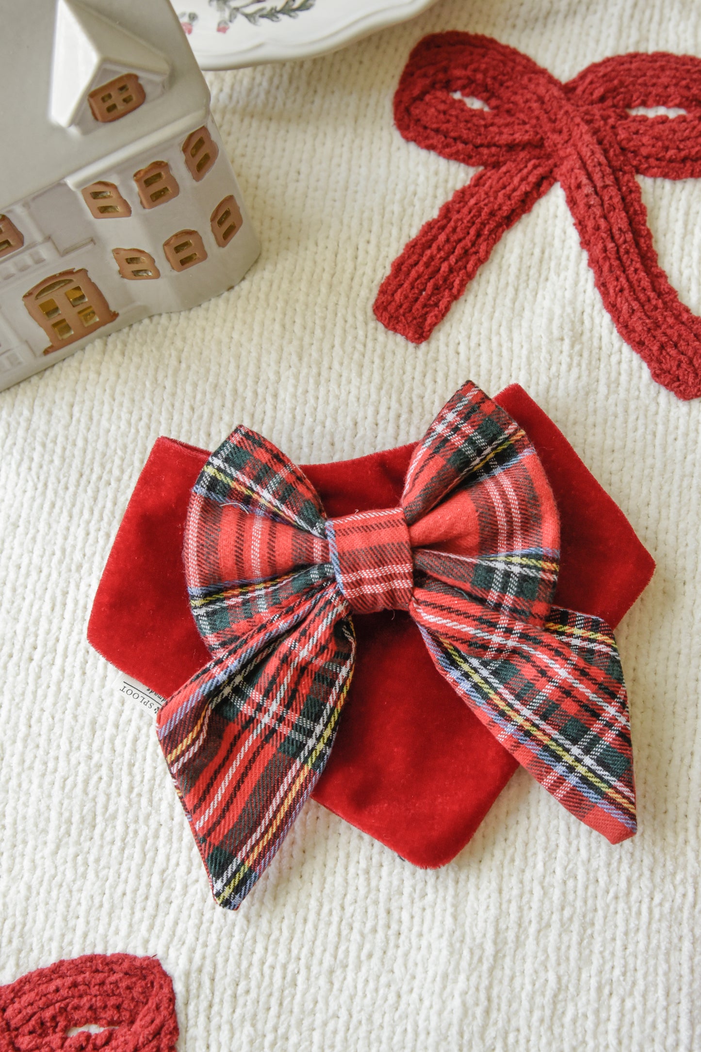 Red Velvet & Tartan Bow Dog Bandana