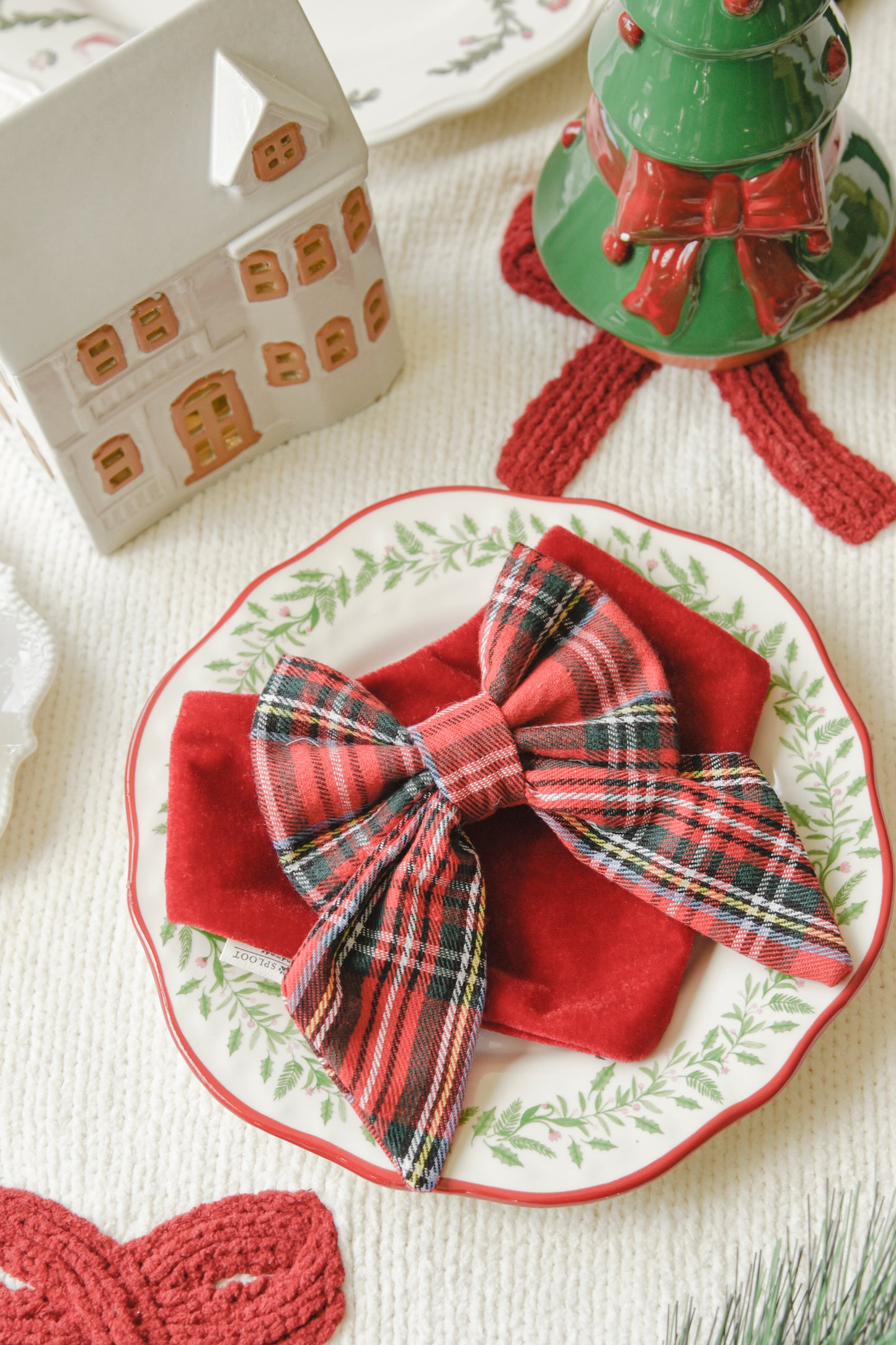 Red Velvet & Tartan Bow Dog Bandana