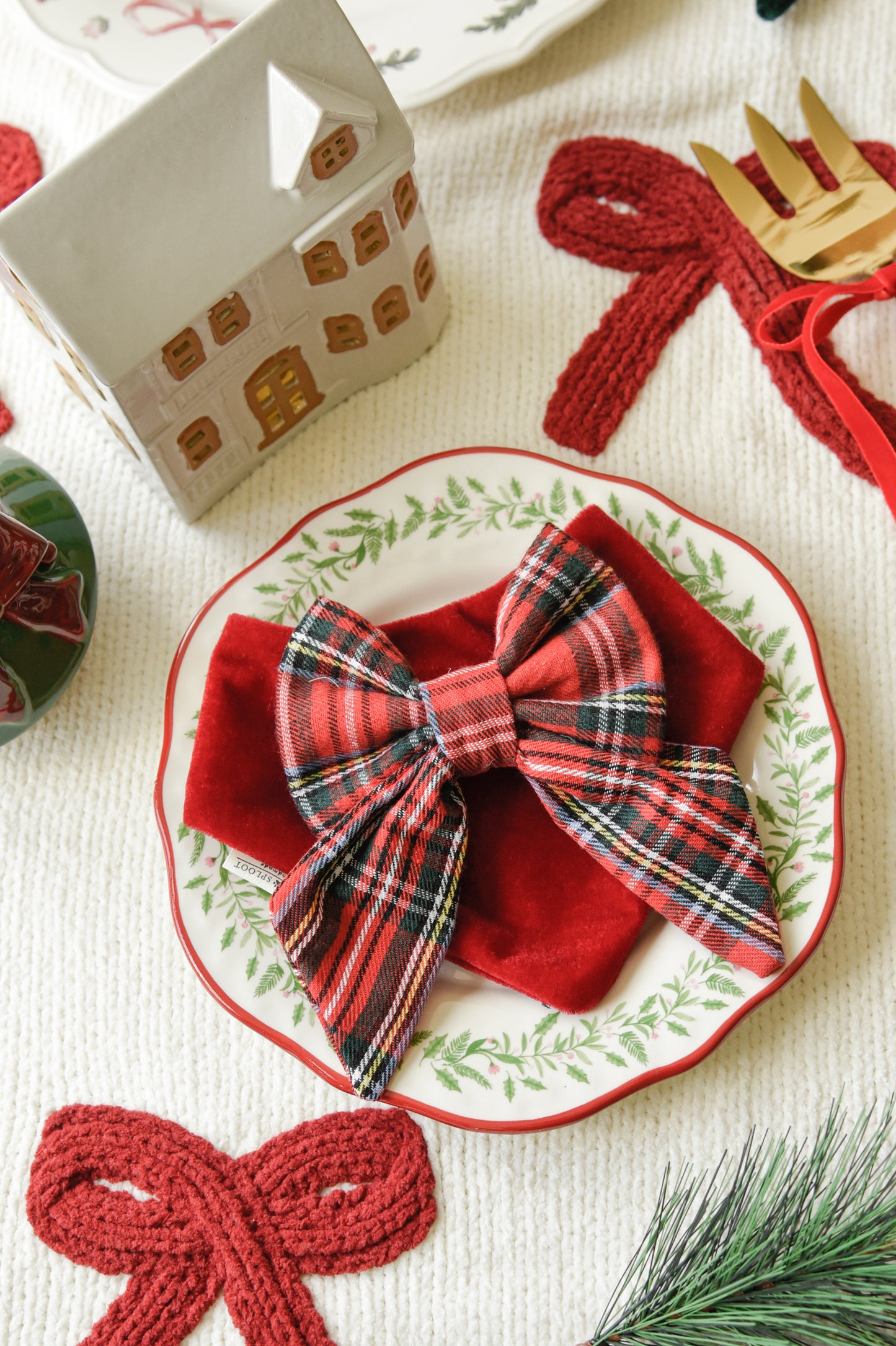Red Velvet & Tartan Bow Dog Bandana