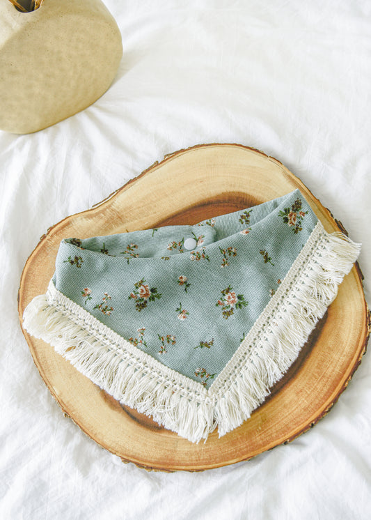 Olive Floral Corduroy Dog Tassel Bandana