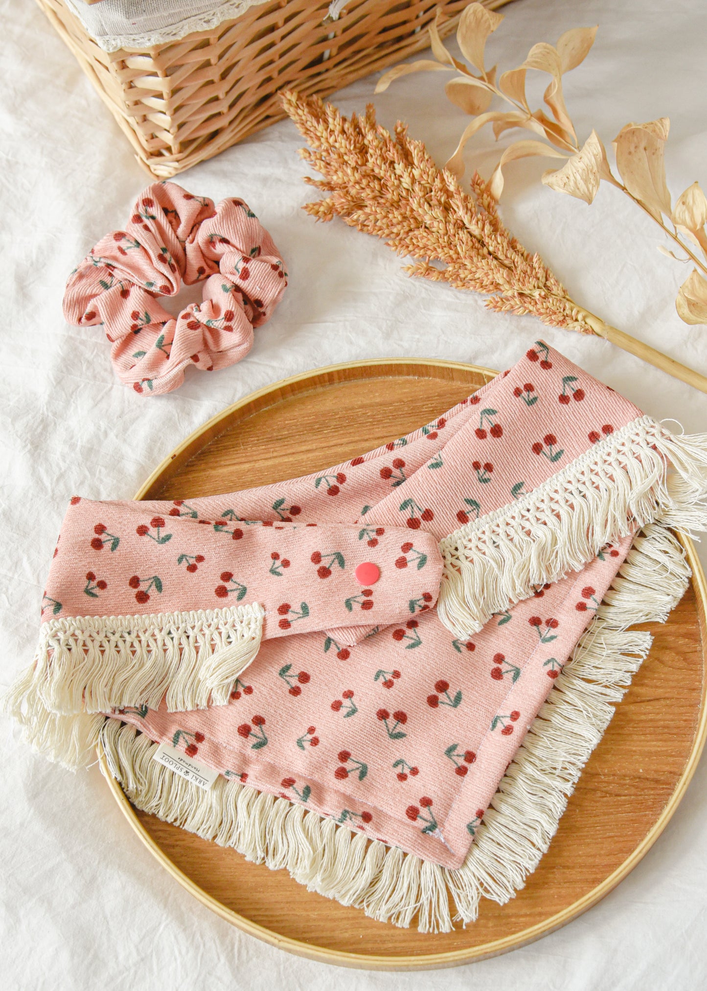Cherry Corduroy Tassel Dog Bandana