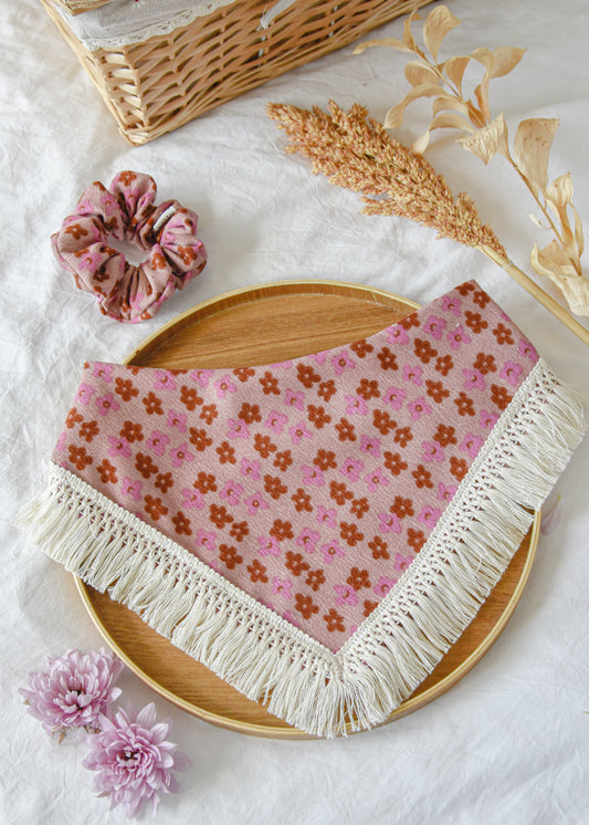 Pink Floral Corduroy Pet Tassel Bandana