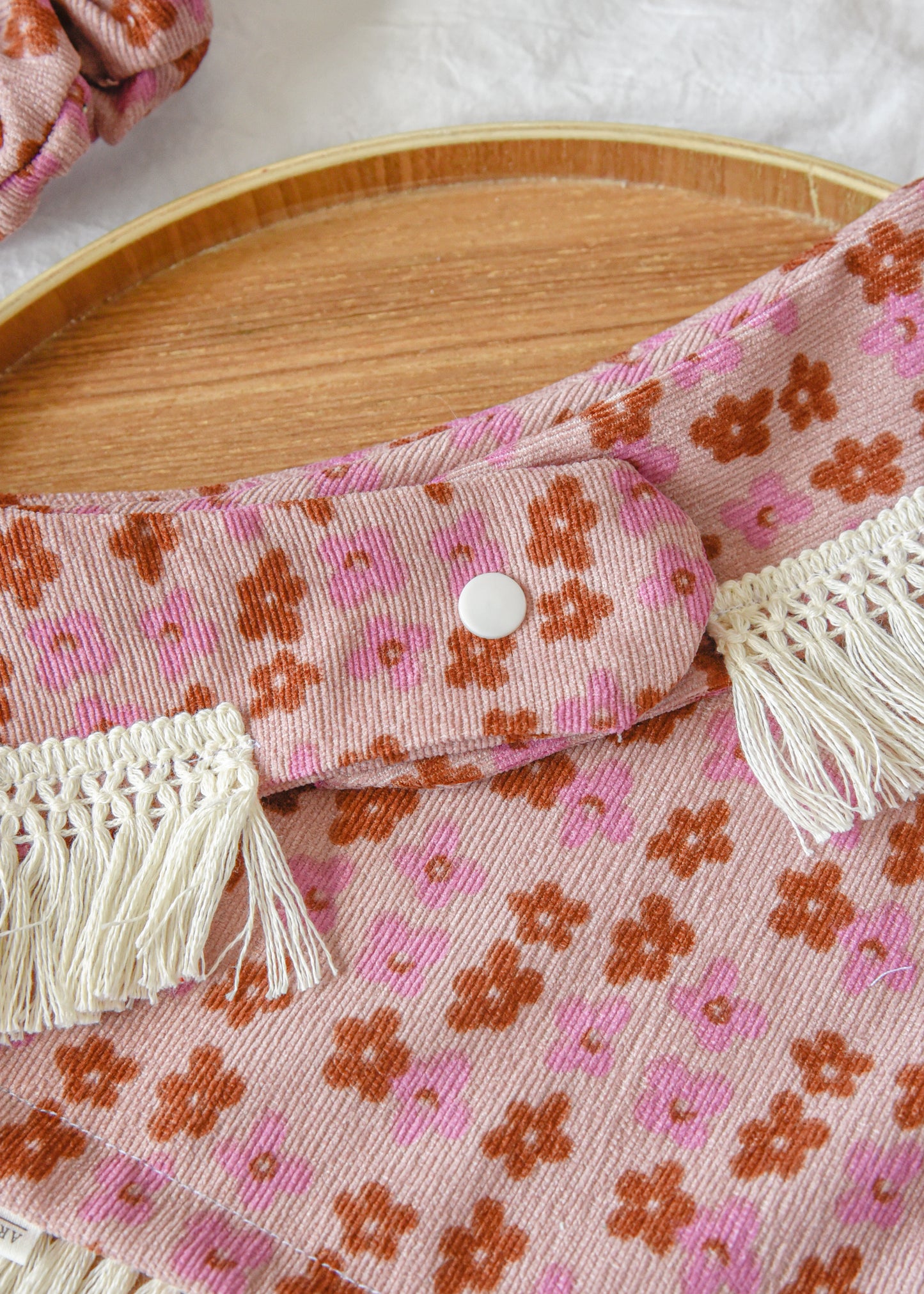 Pink Floral Corduroy Pet Tassel Bandana