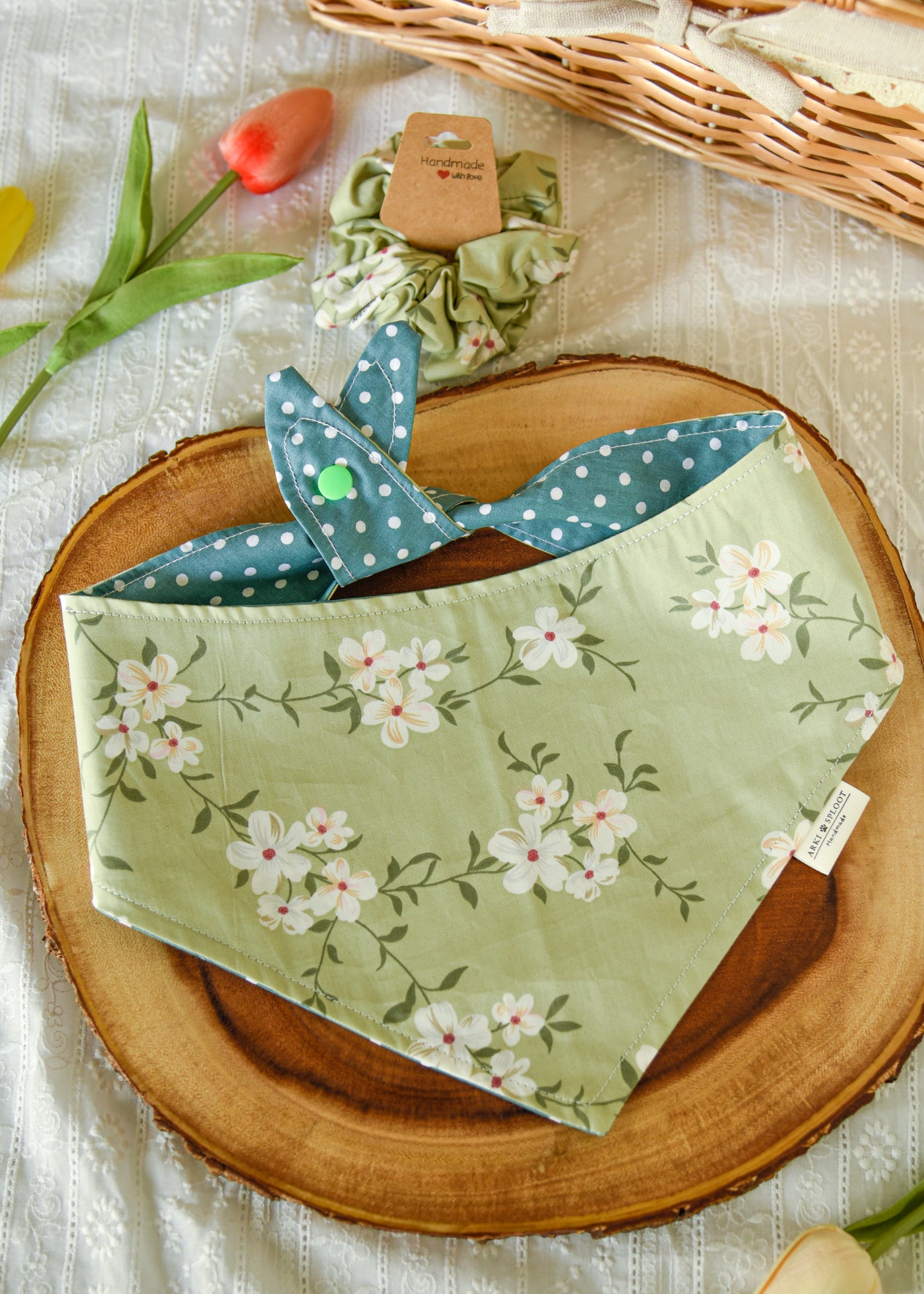 The Sage & Cherry Blossom Bandana | Snap-On Cotton Pet Scarf