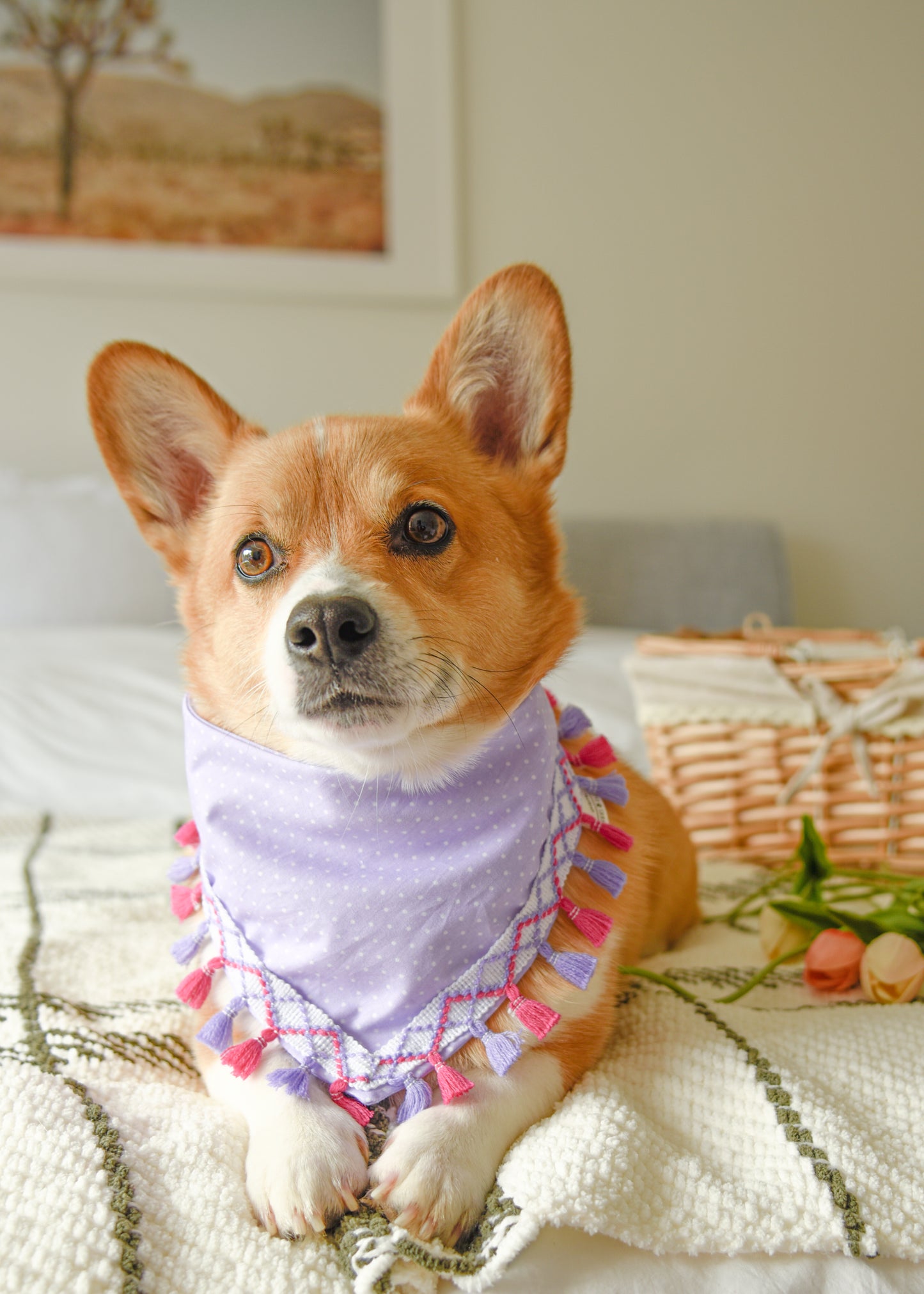 Lavender Polka Dot Dog Tassel Bandana
