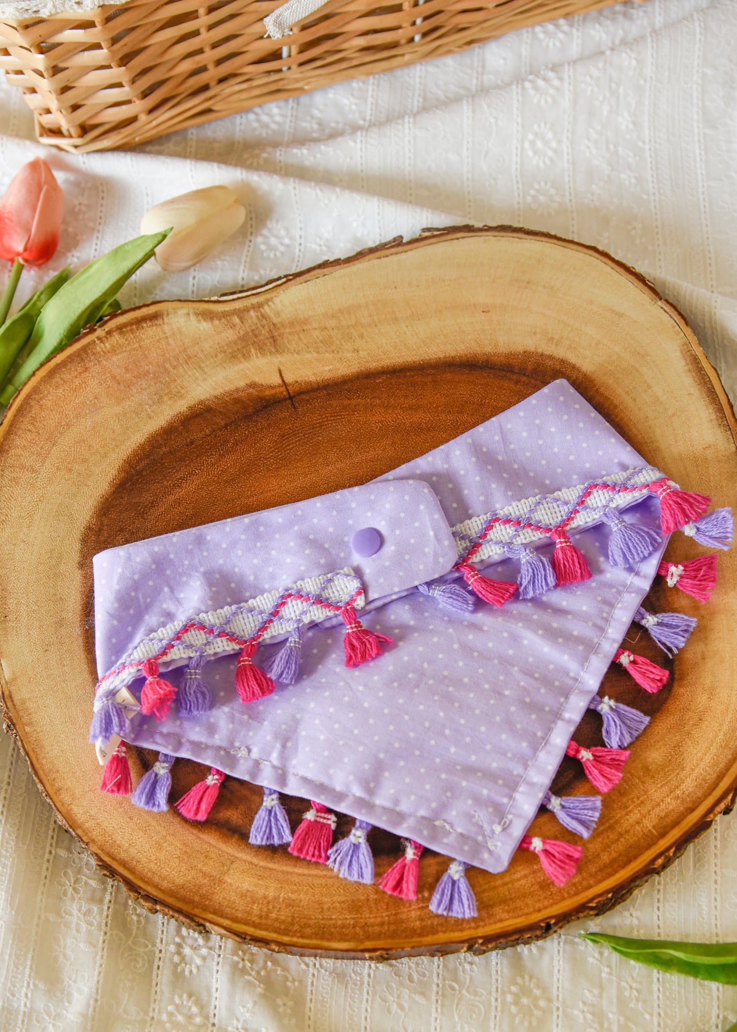Lavender Polka Dot Dog Tassel Bandana