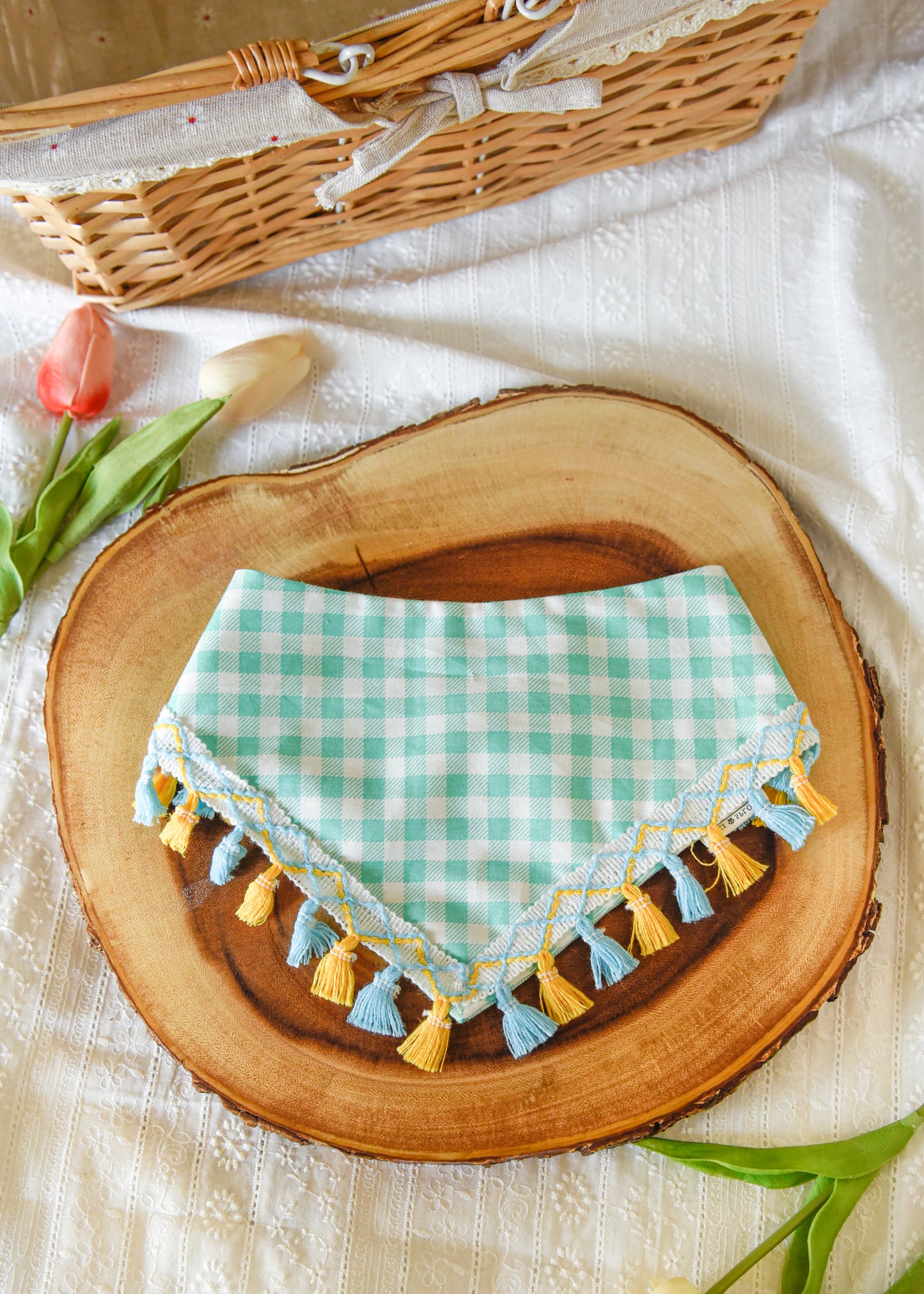 Aqua Gingham Dog Tassel Bandana