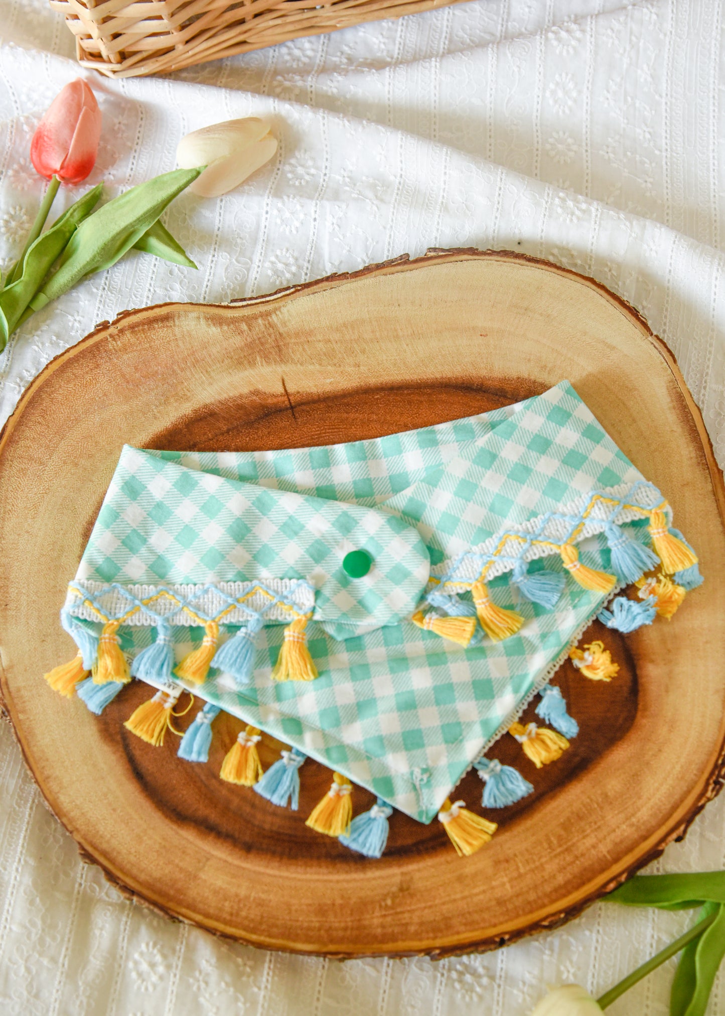 Aqua Gingham Dog Tassel Bandana