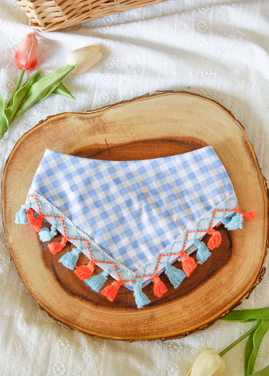 Blue Gingham Dog Tassel Bandana