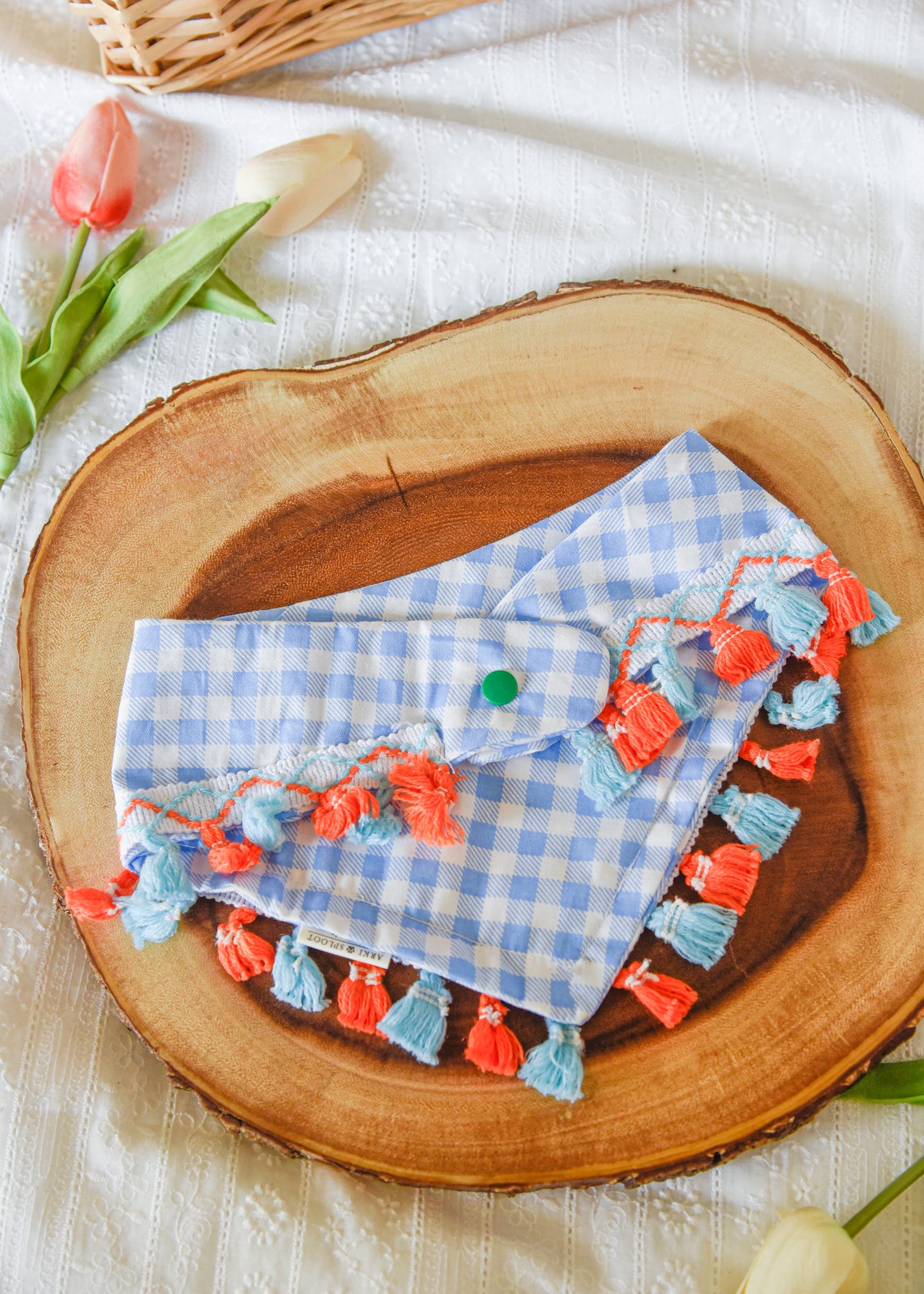 Blue Gingham Dog Tassel Bandana