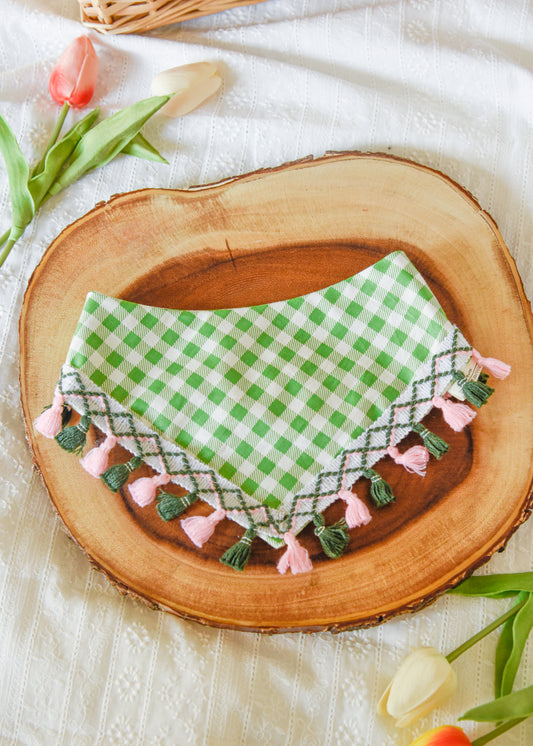Green Gingham Dog Tassel Bandana