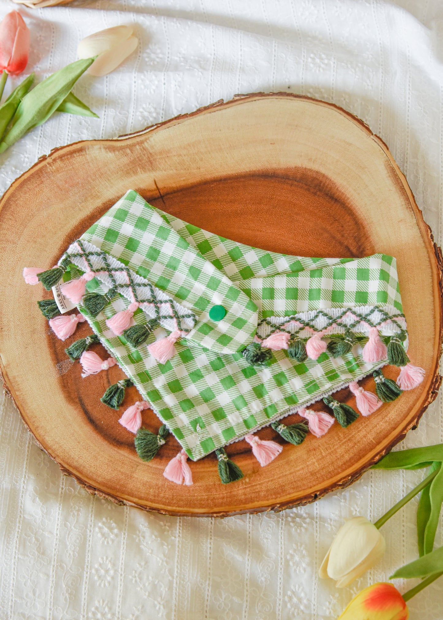 Green Gingham Dog Tassel Bandana