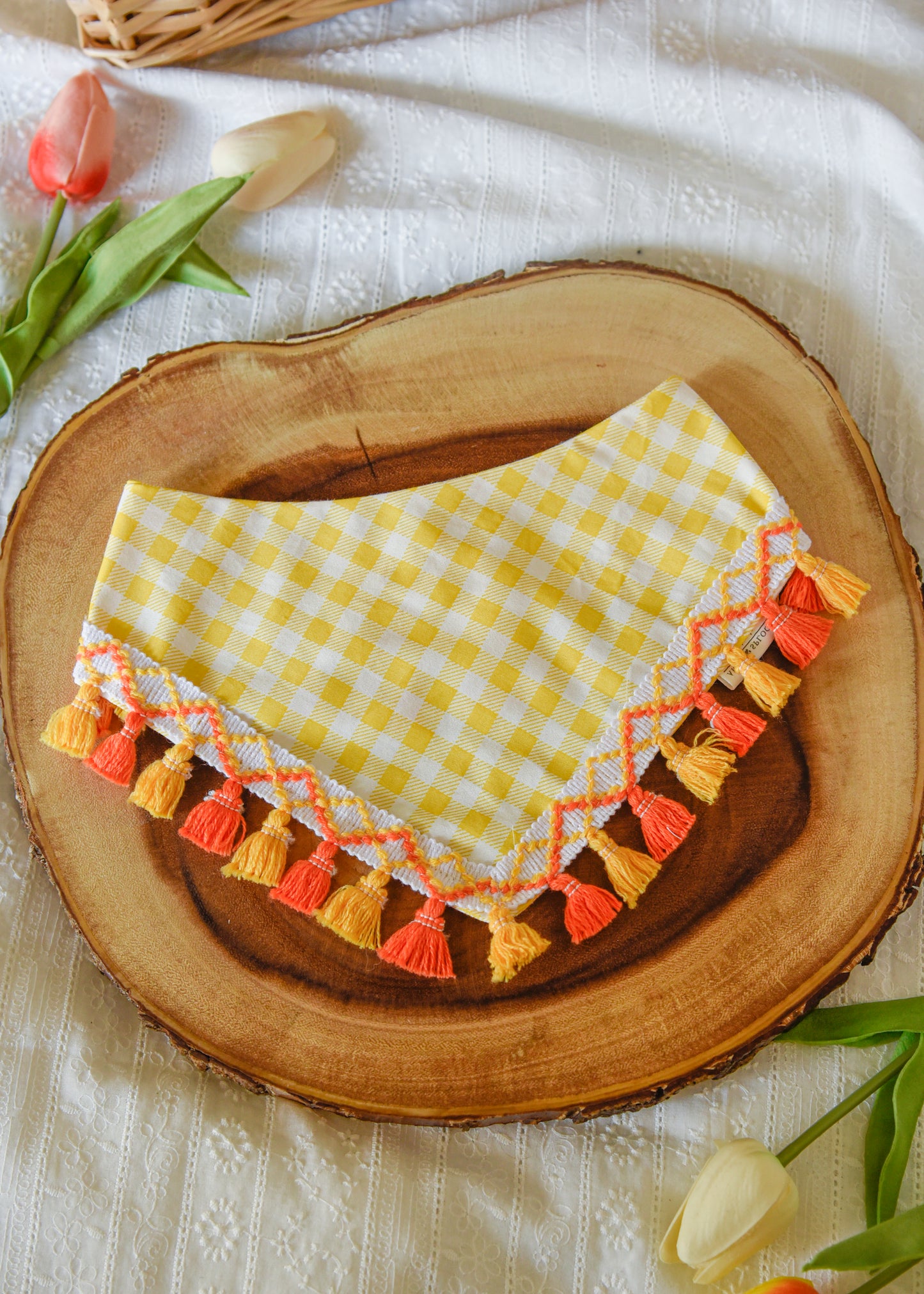 Orange Gingham Dog Tassel Bandana