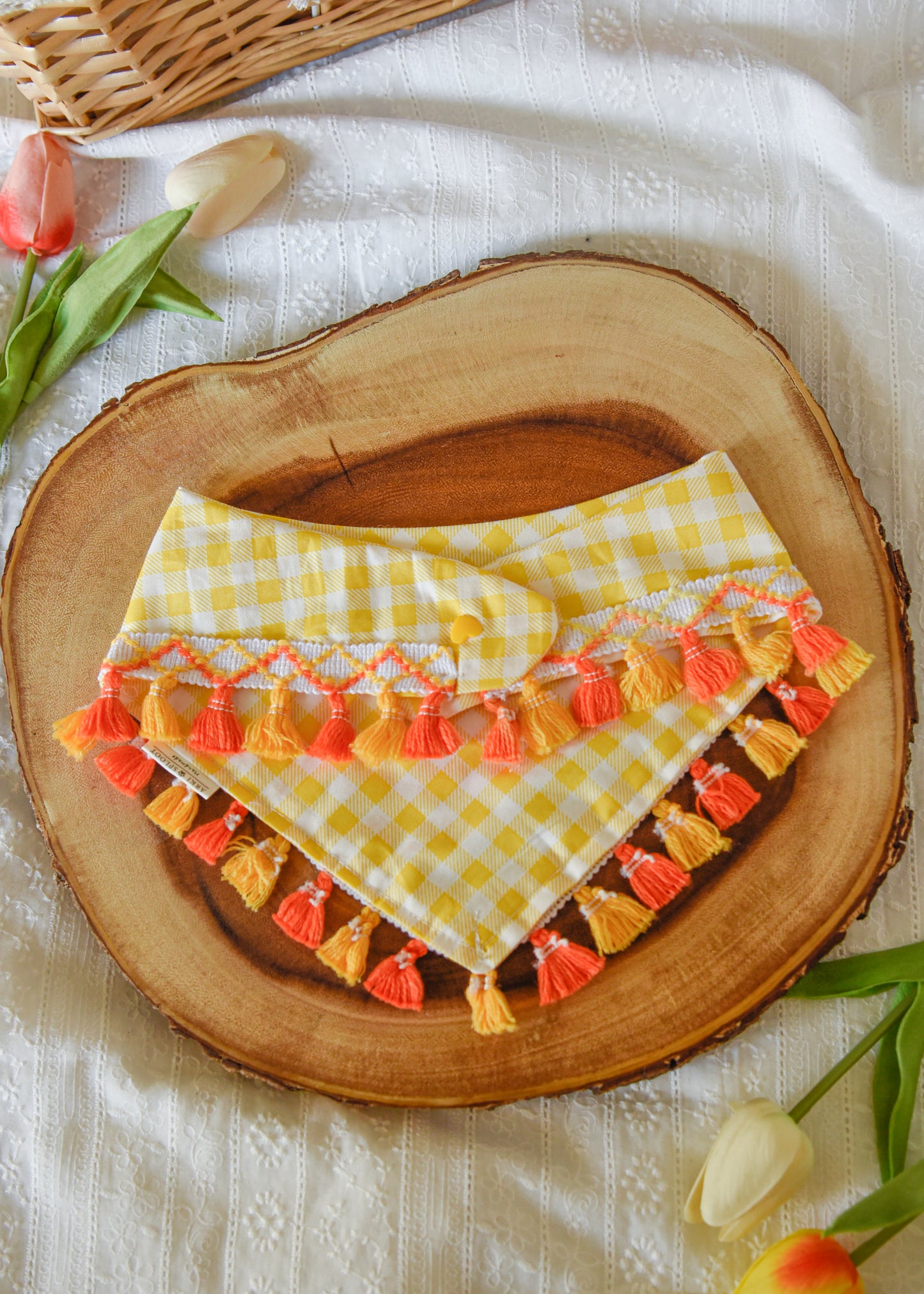 Orange Gingham Dog Tassel Bandana
