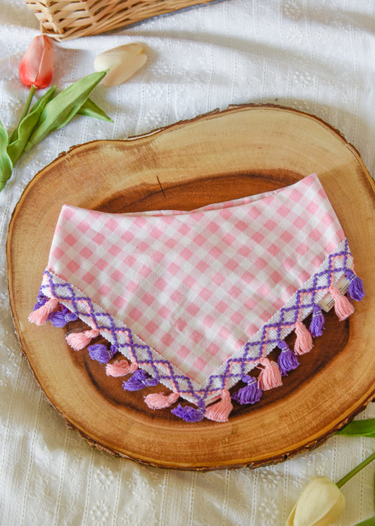 Pink Gingham Dog Tassel Bandana