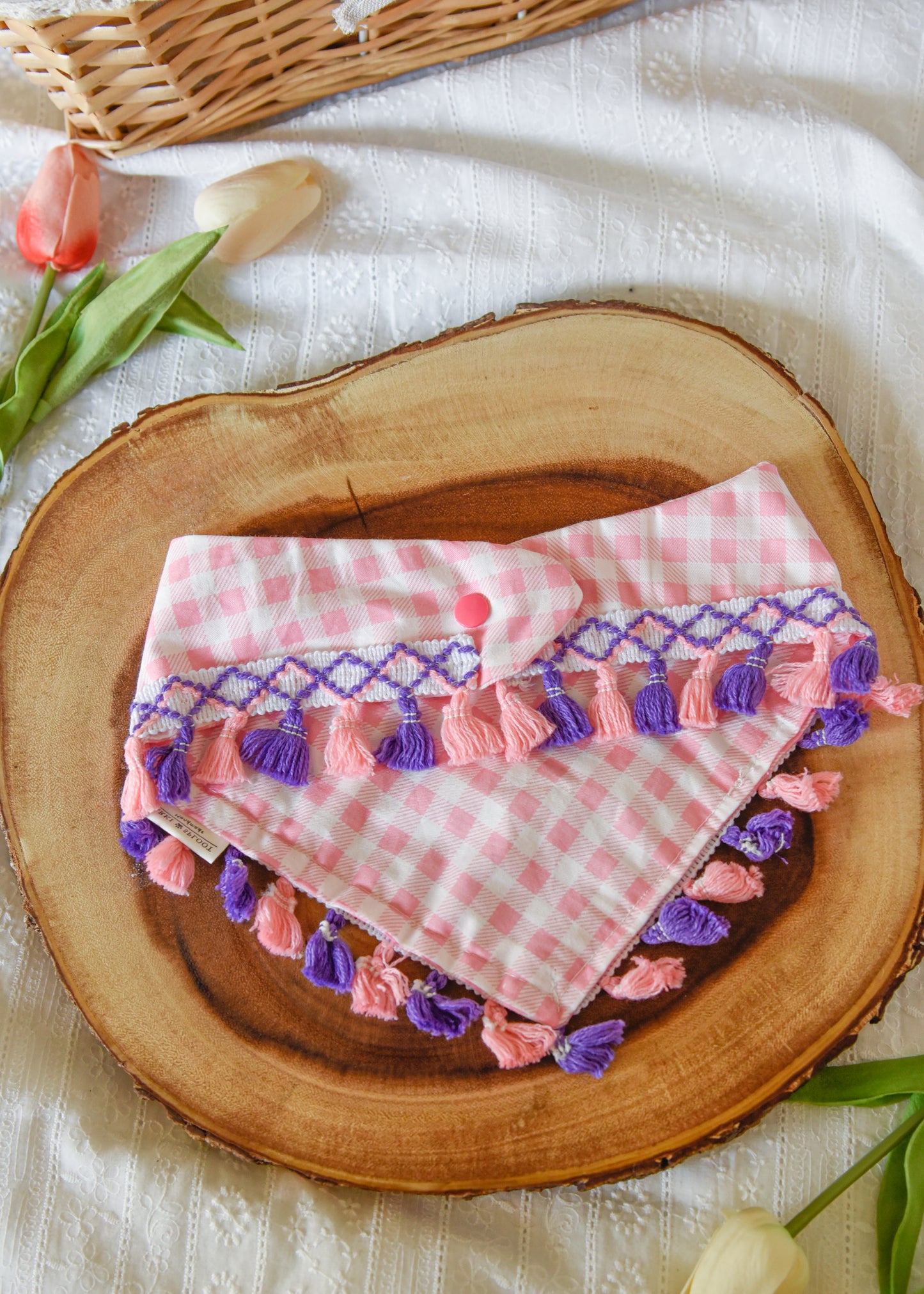 Pink Gingham Dog Tassel Bandana
