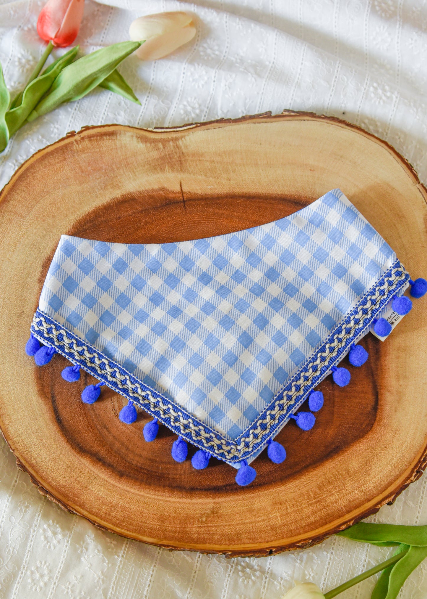 Blue Gingham Pom Pom Pet Bandana