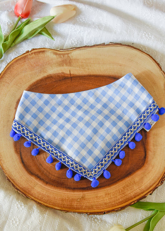 Blue Gingham Pom Pom Pet Bandana
