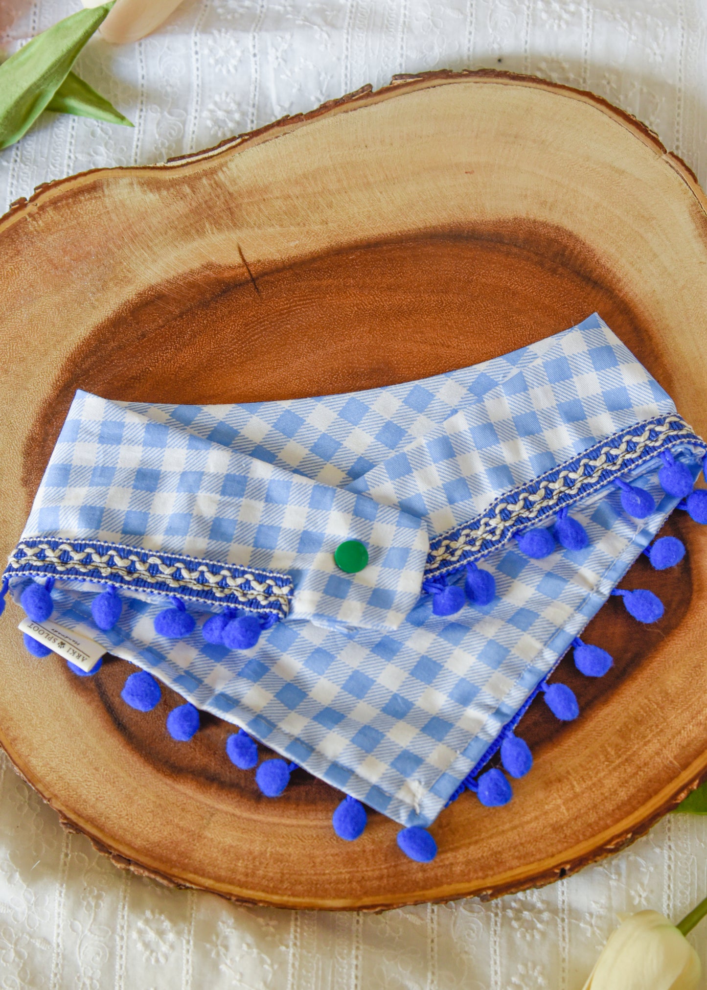 Blue Gingham Pom Pom Pet Bandana