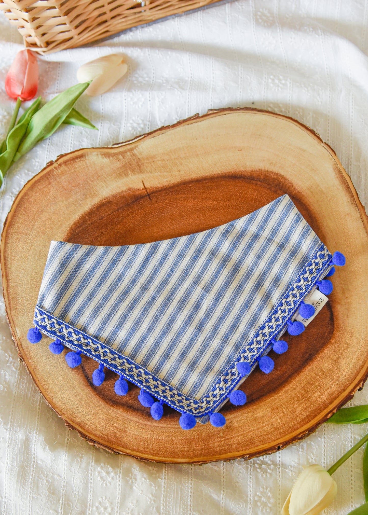 Blue Stripe Pom Pom Pet Bandana