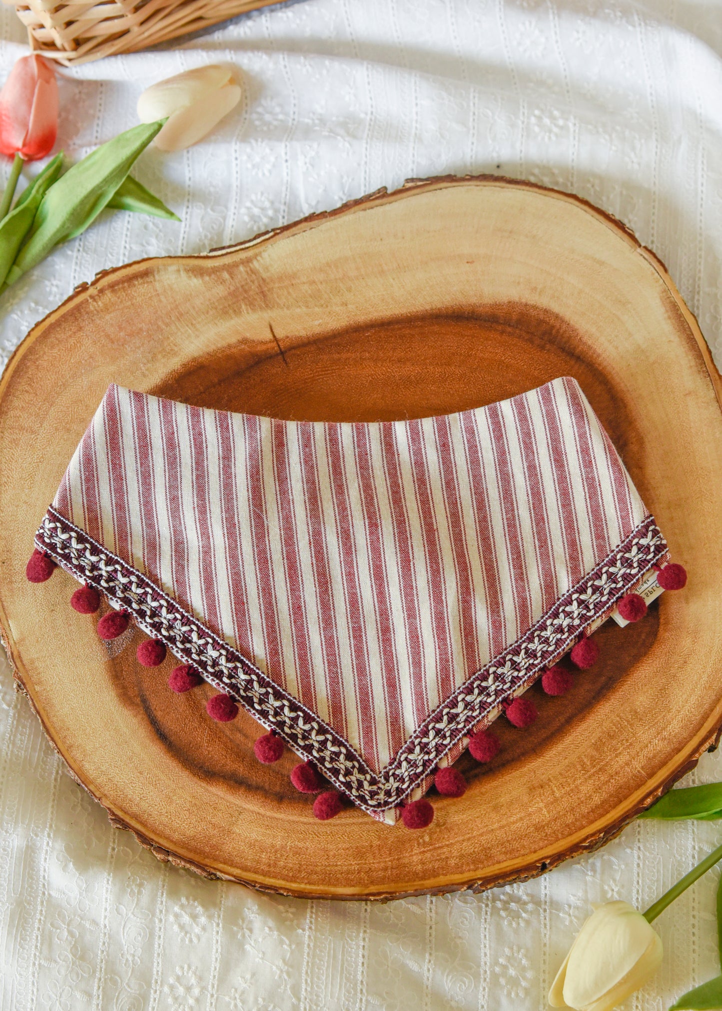 Wine Stripe Pom Pom Pet Bandana