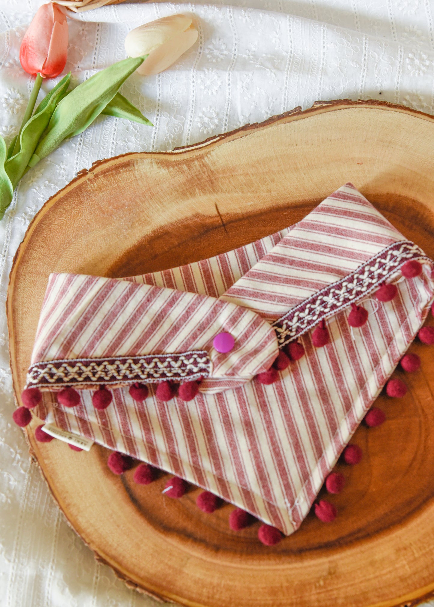 Wine Stripe Pom Pom Pet Bandana