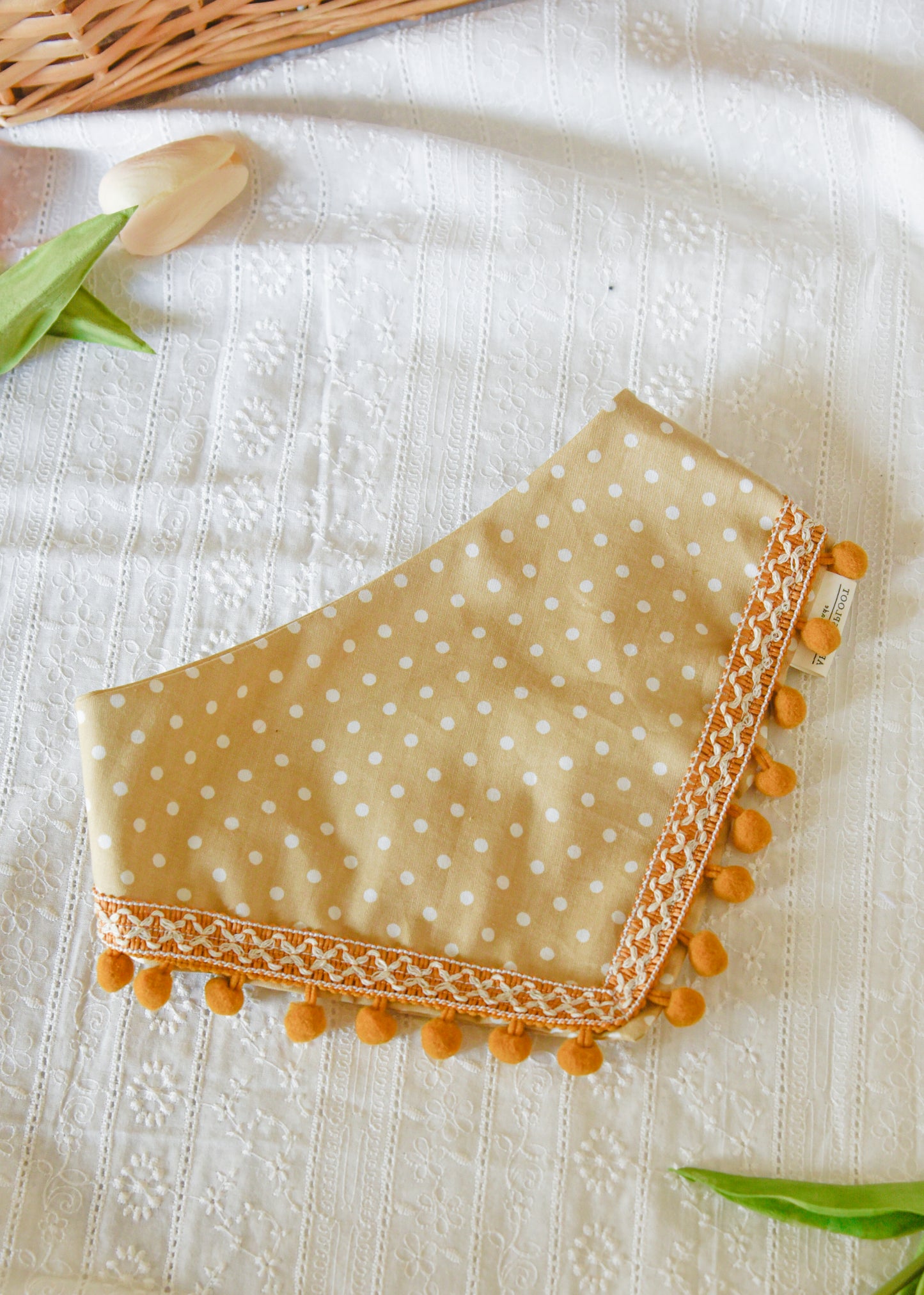 Latte Polka Dot Pom Pom Pet Bandana