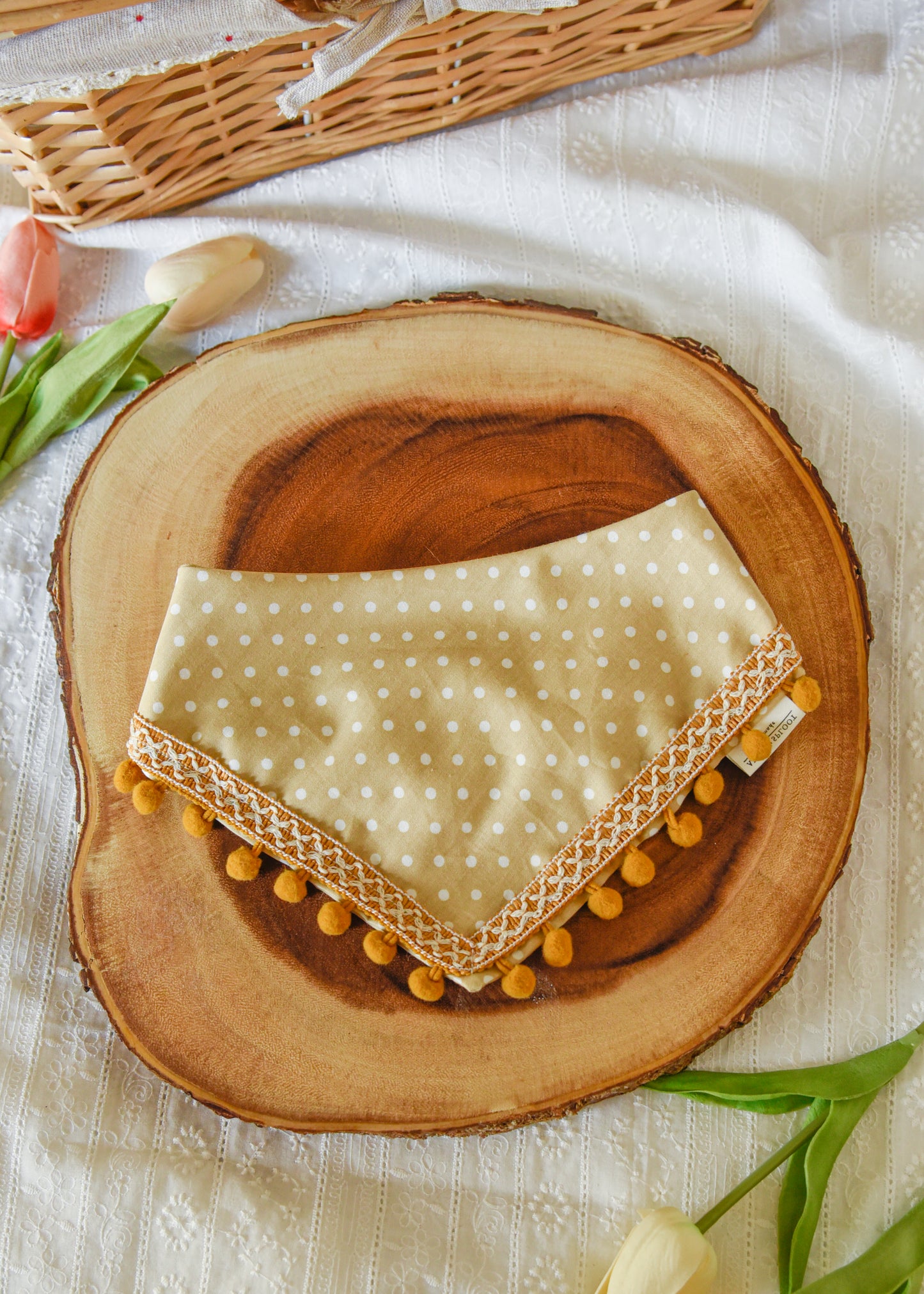 Latte Polka Dot Pom Pom Pet Bandana