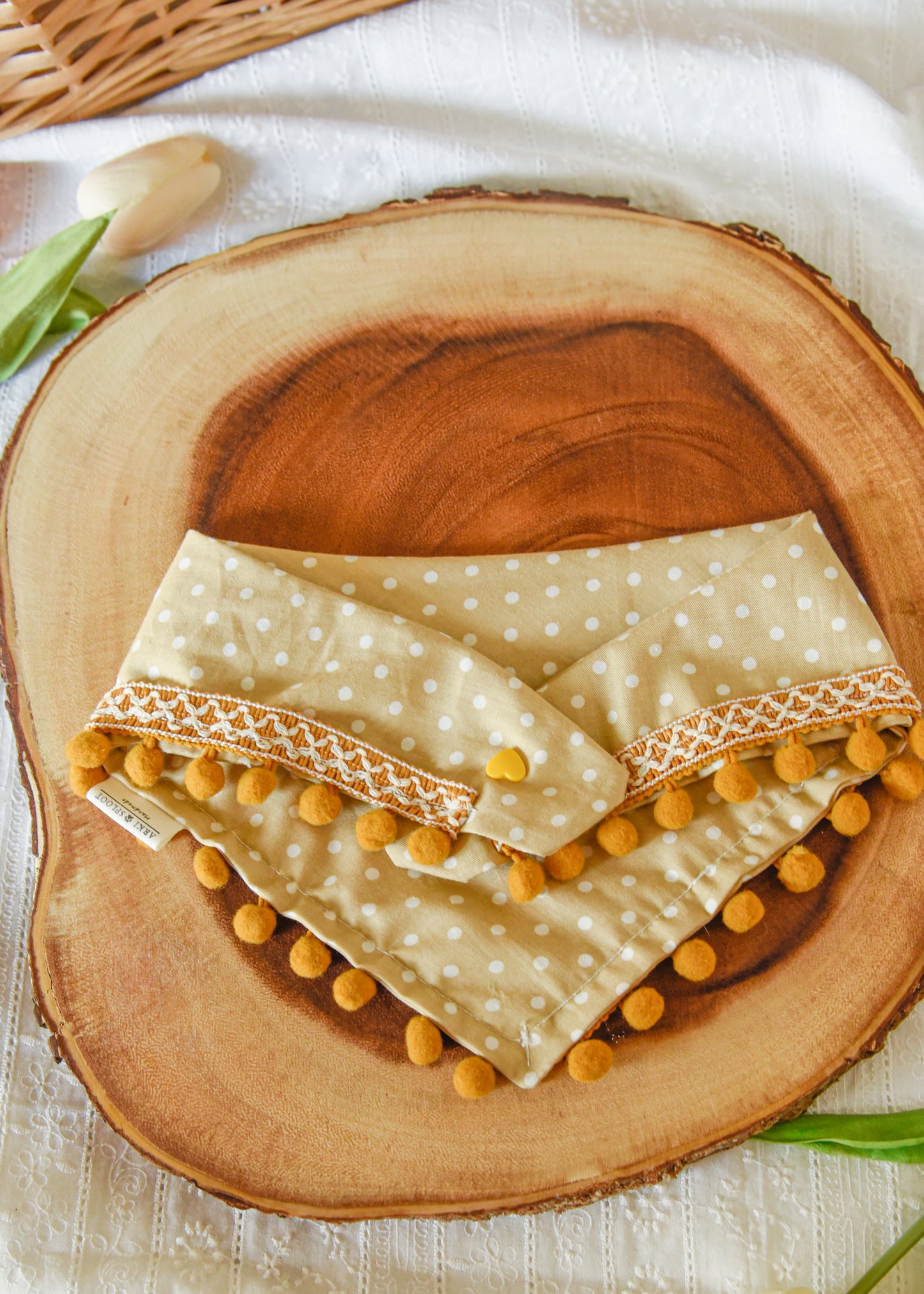 Latte Polka Dot Pom Pom Pet Bandana