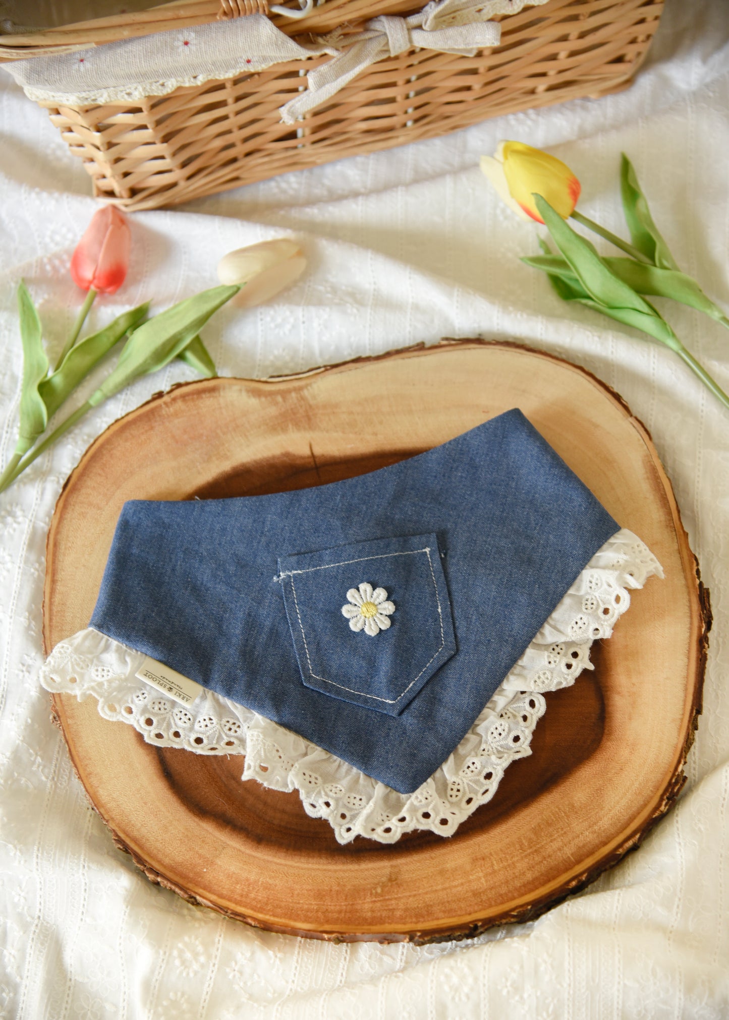 Denim Pet Bandana with Lace Trim & Pocket