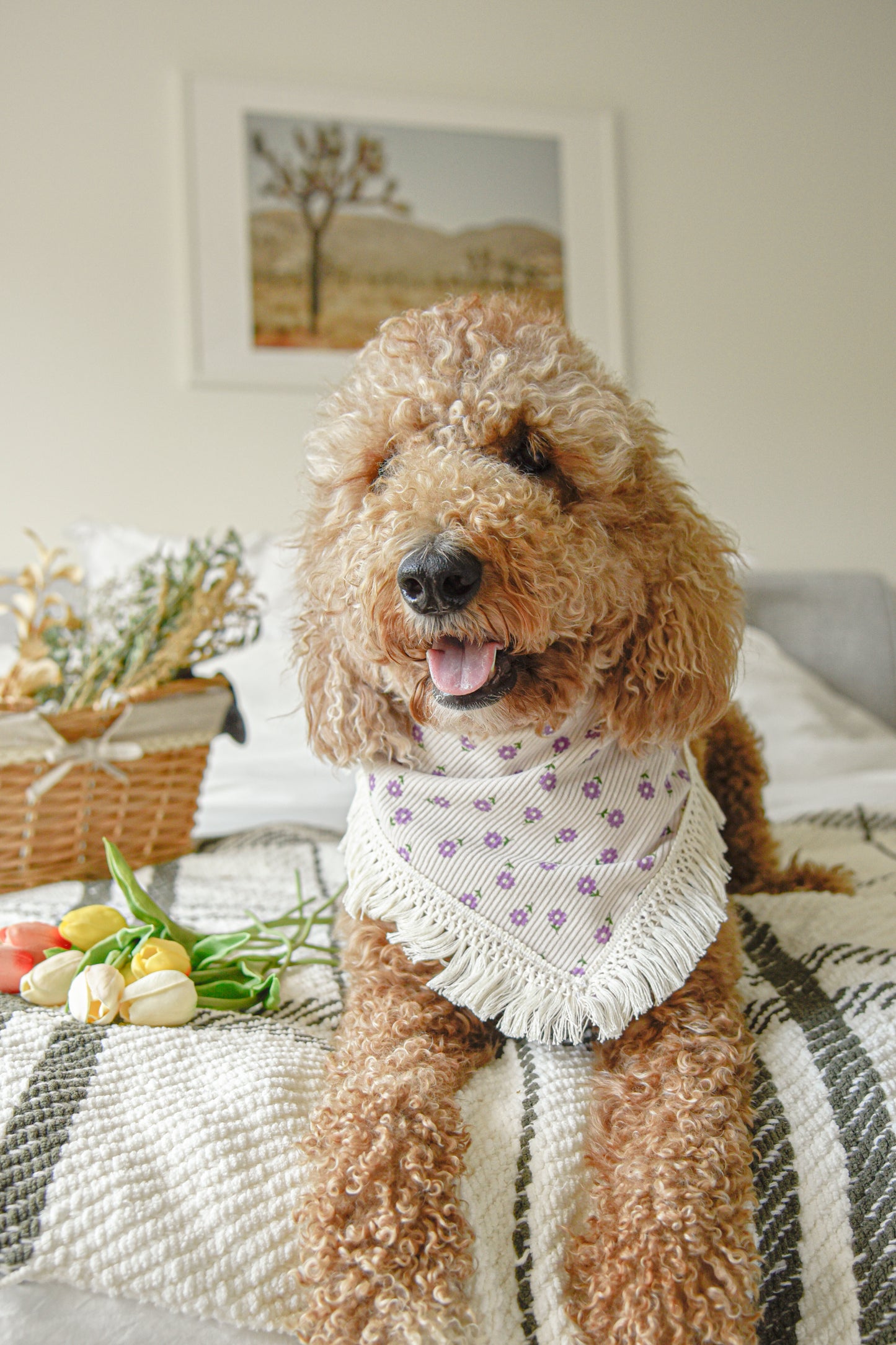 Floral Corduroy Pet Bandana with Tassel: Snap-On Dog Cat Bandana