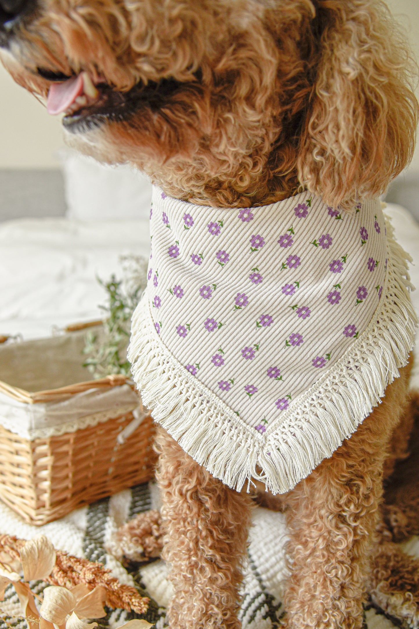 Floral Corduroy Pet Bandana with Tassel: Snap-On Dog Cat Bandana