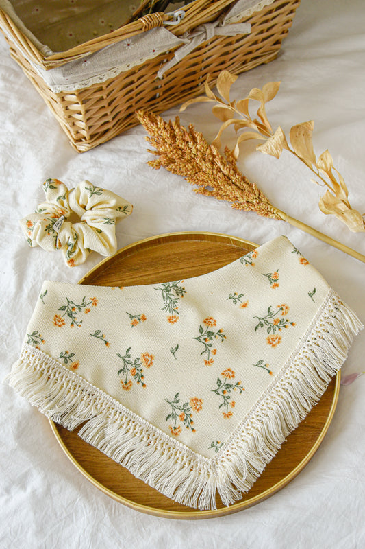 English Cream Floral Corduroy Pet Tassel Bandana