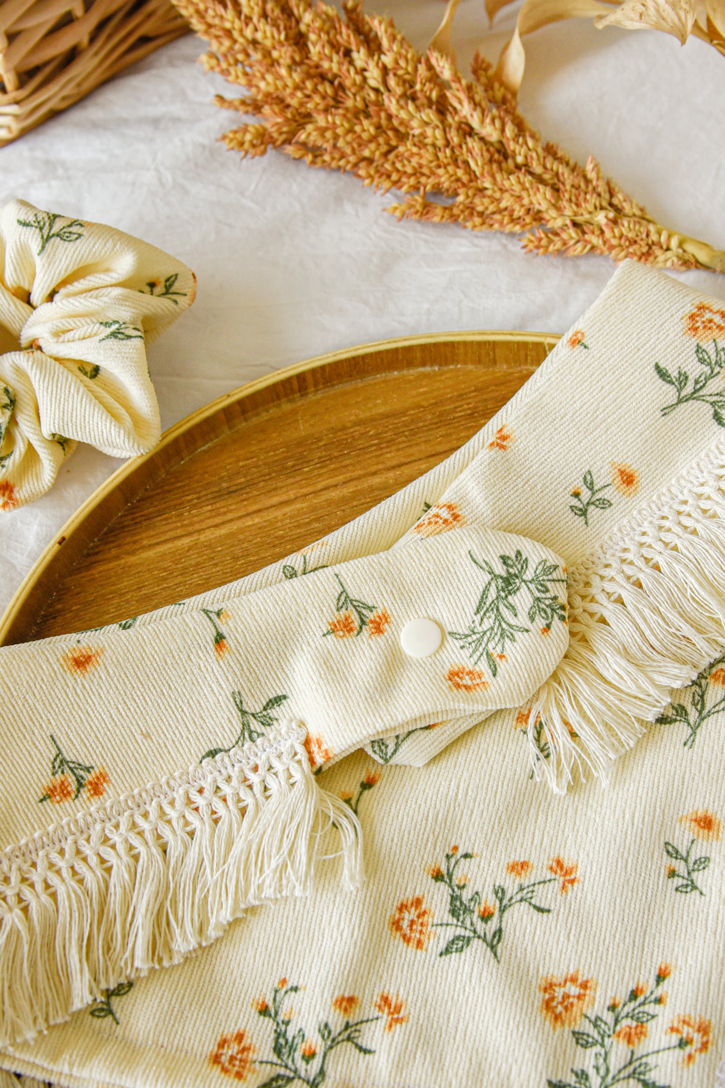 English Cream Floral Corduroy Pet Tassel Bandana
