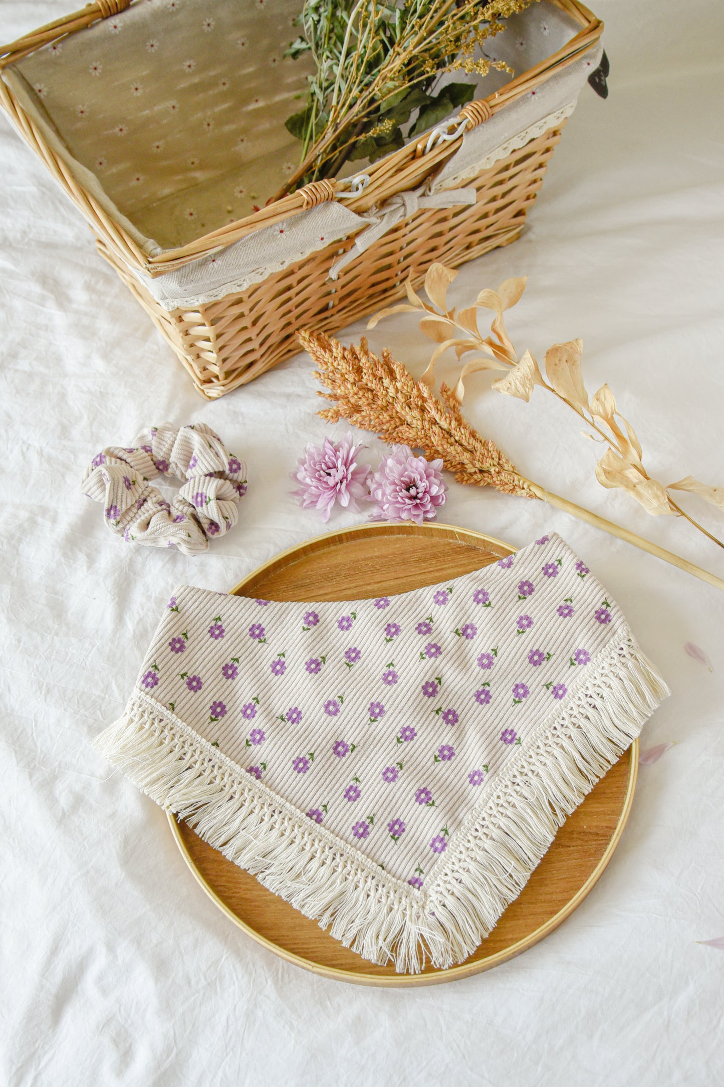 Floral Corduroy Pet Bandana with Tassel: Snap-On Dog Cat Bandana