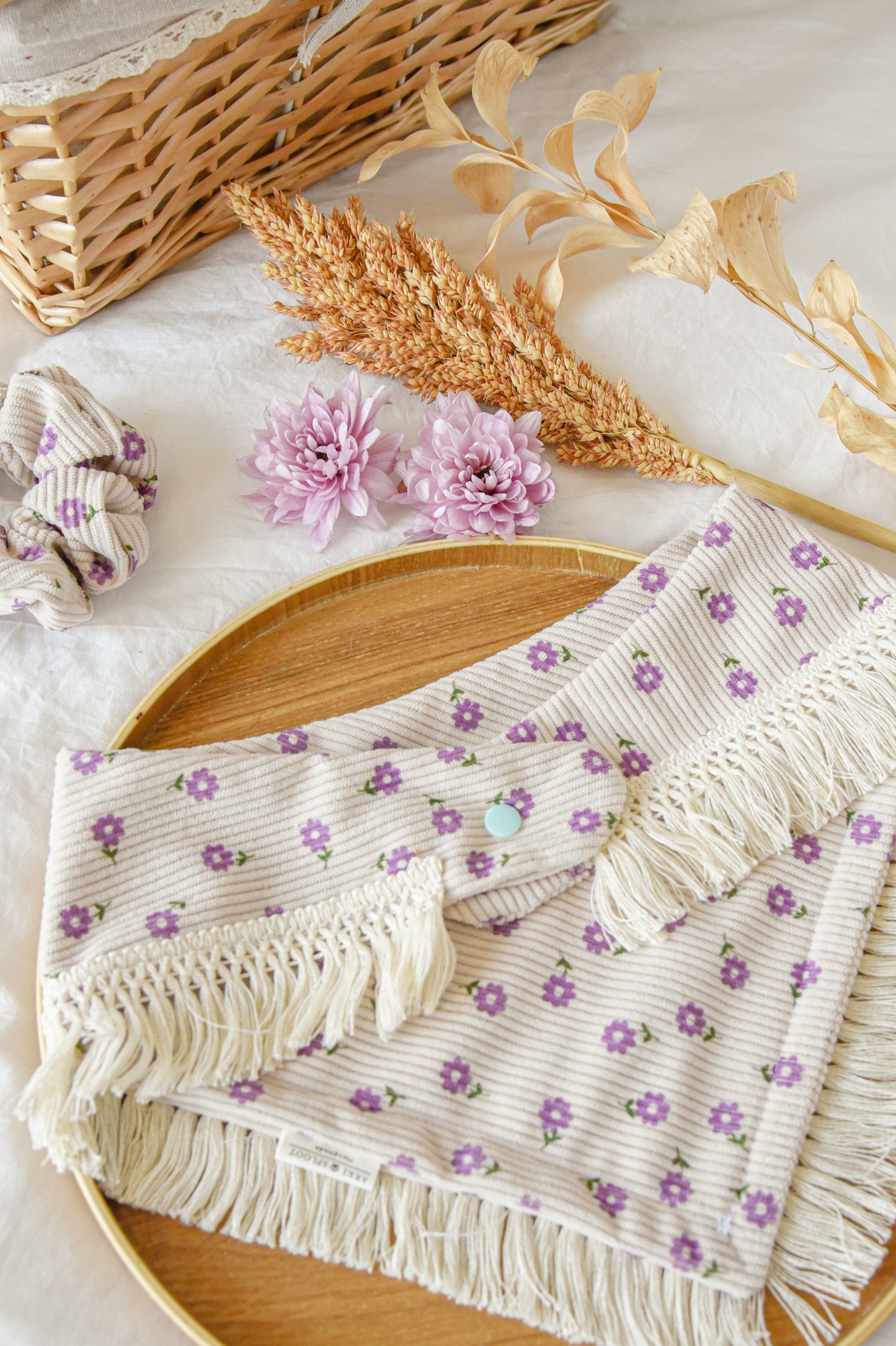 Floral Corduroy Pet Bandana with Tassel: Snap-On Dog Cat Bandana