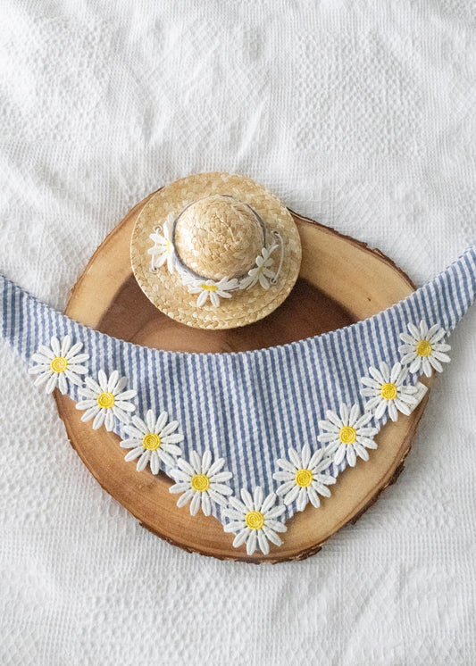 Blue Stripe Cotton with Embroidered Daisy Trim, Pet Bandana