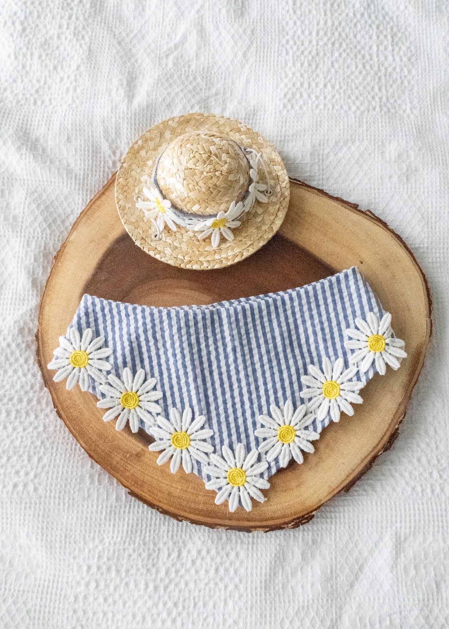 Blue Stripe Cotton with Embroidered Daisy Trim, Pet Bandana